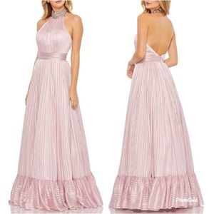 Mac Duggal Blush Halter Open Back Sleeveless Jeweled Neck Ballgown 49242 Reemoly